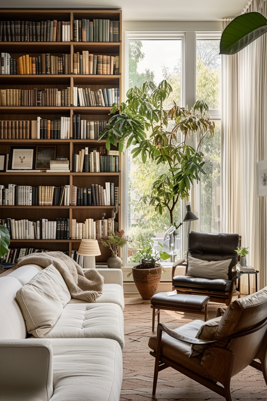 Cozy living room with large bookshelf, plush seating, potted plants, and a view of trees through the window.