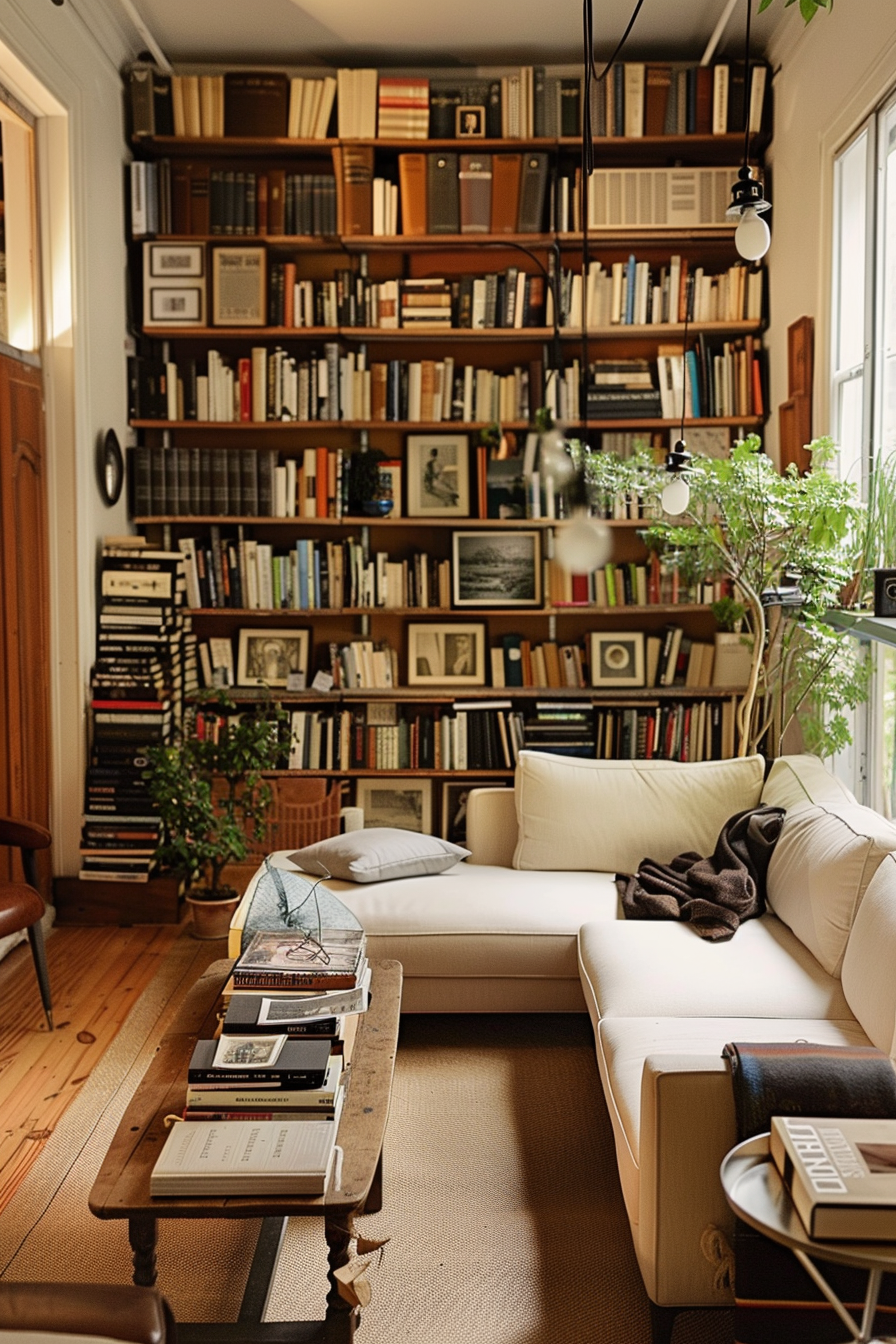 Cozy living room with a large bookshelf full of books, a white sofa, wooden floor, and an antique coffee table with books.