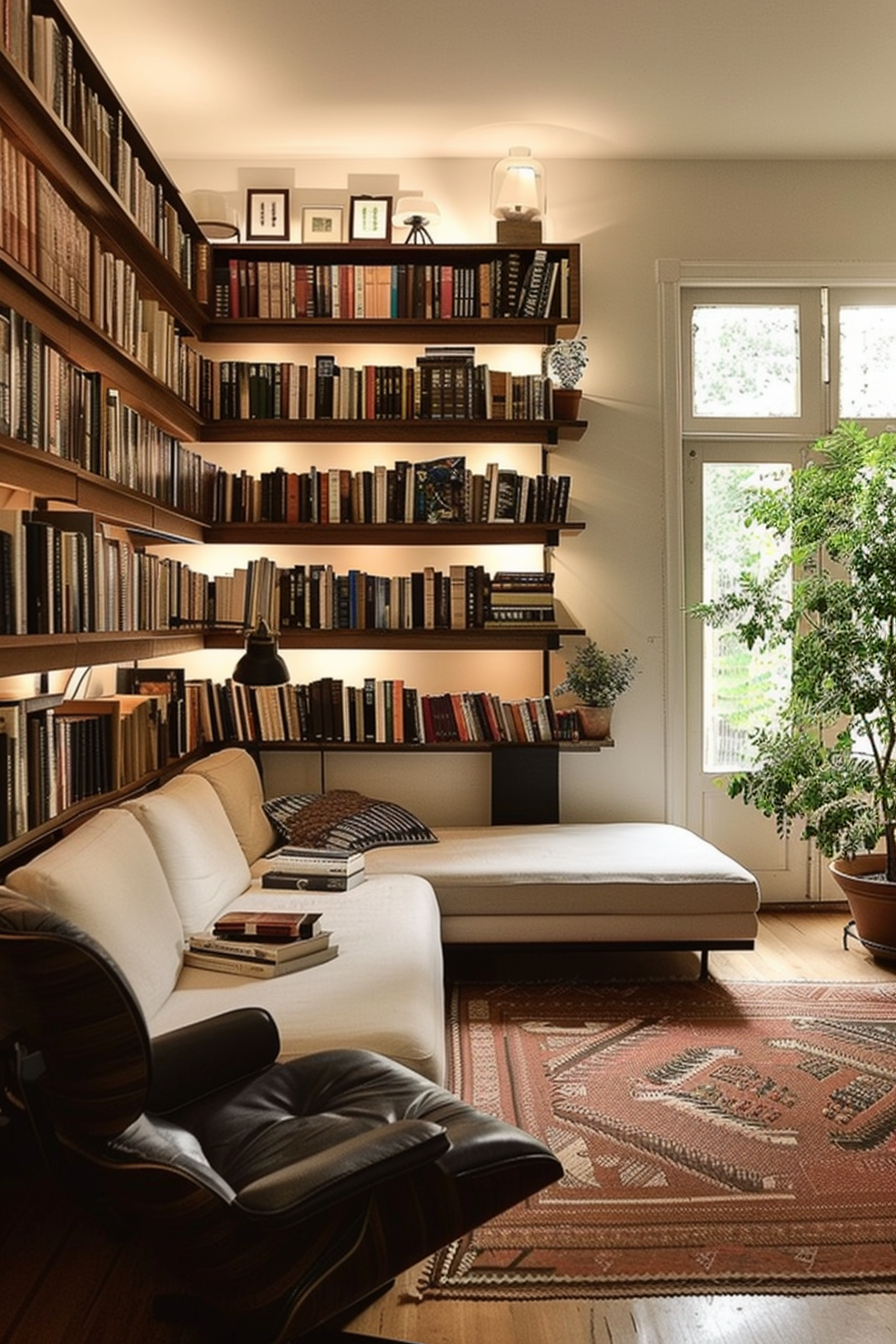 Cozy home library with wall-to-wall bookshelves, comfortable seating, warm lighting, and a large window.
