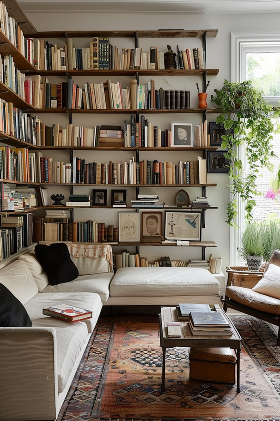 Cozy reading nook with wall-to-wall bookshelves, comfortable seating, a patterned rug, and lush plants by the window.