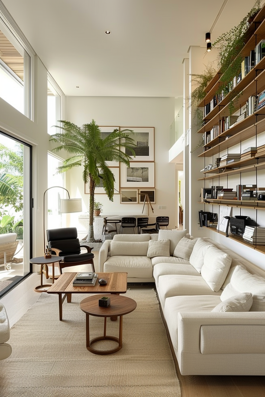 Bright, modern living room with a large white sectional sofa, wooden shelves with plants, and tall windows.
