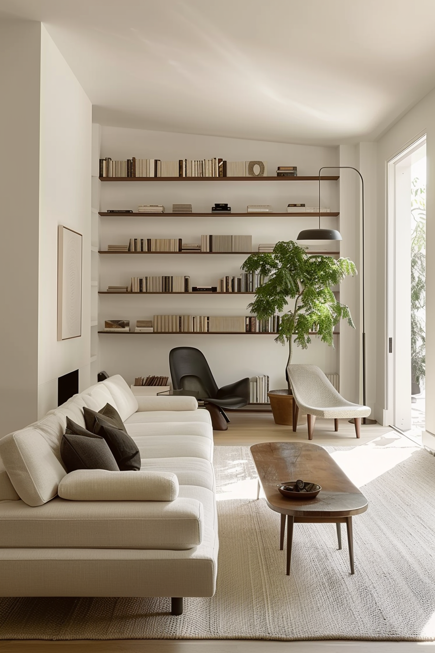 ALT text: Minimalist living room with an extensive bookshelf, modern furniture including a white sofa, and a large window letting in natural light.