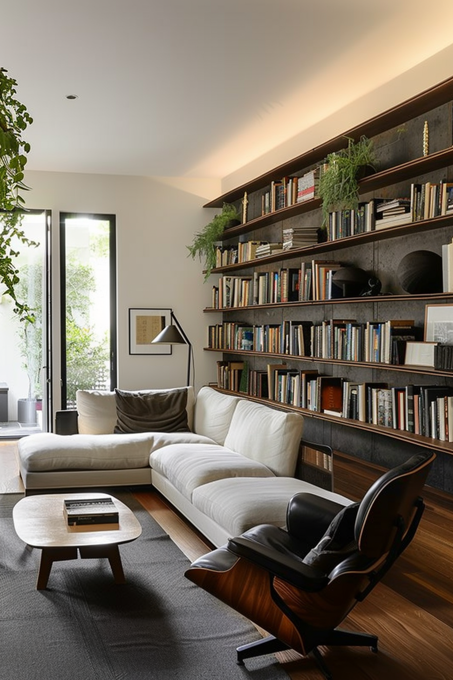 ALT: A cozy living room with a large bookshelf, modern furniture including a white sofa and a black lounge chair, and an open door leading outside.