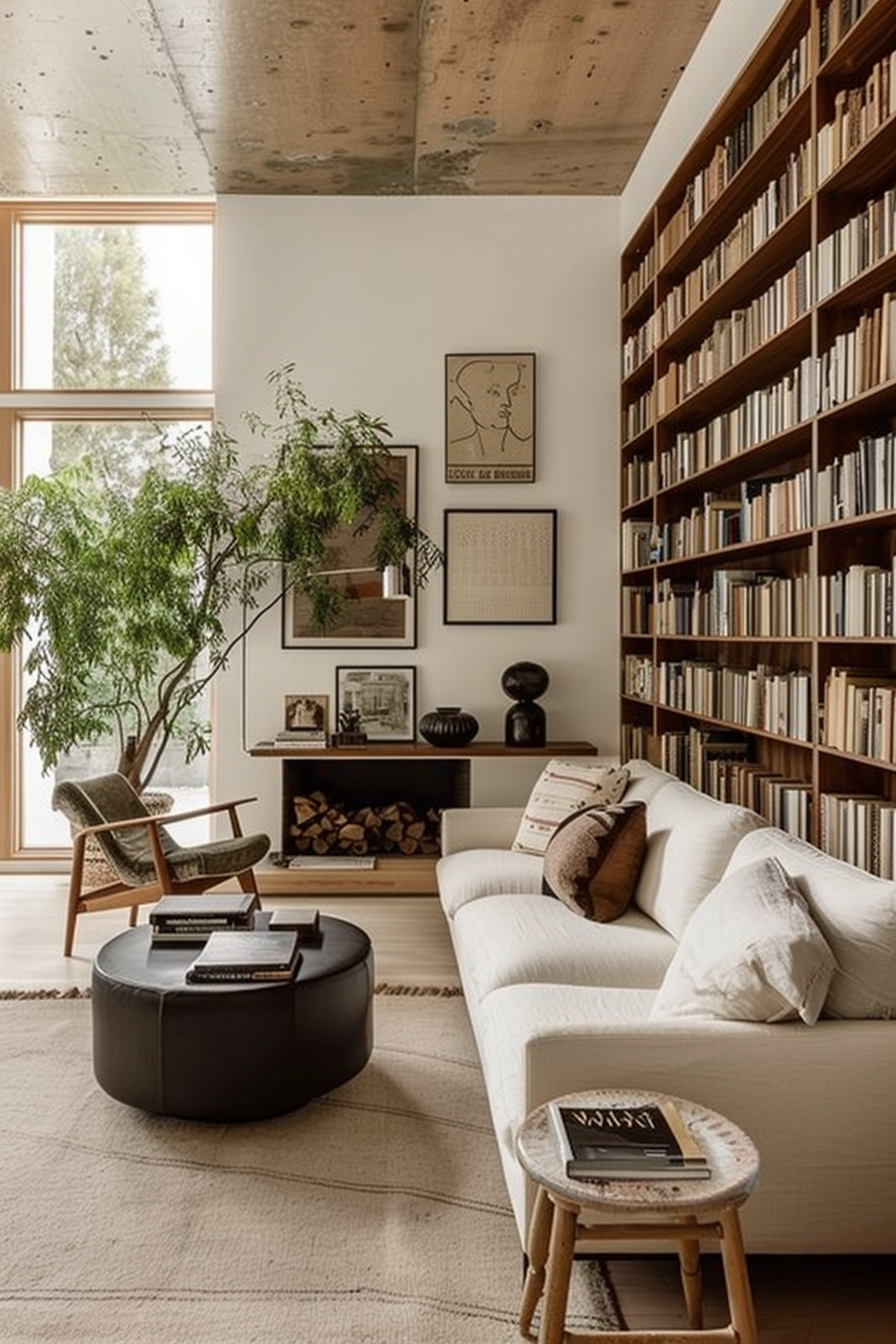 Cozy living room interior with a white sofa, wooden bookshelf full of books, plants, and minimalist decor.