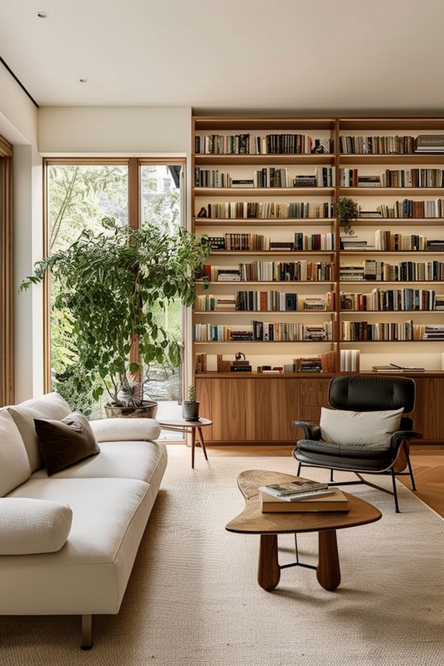 A cozy living room with wall-to-wall bookshelves, modern furniture, large windows, and indoor plants.
