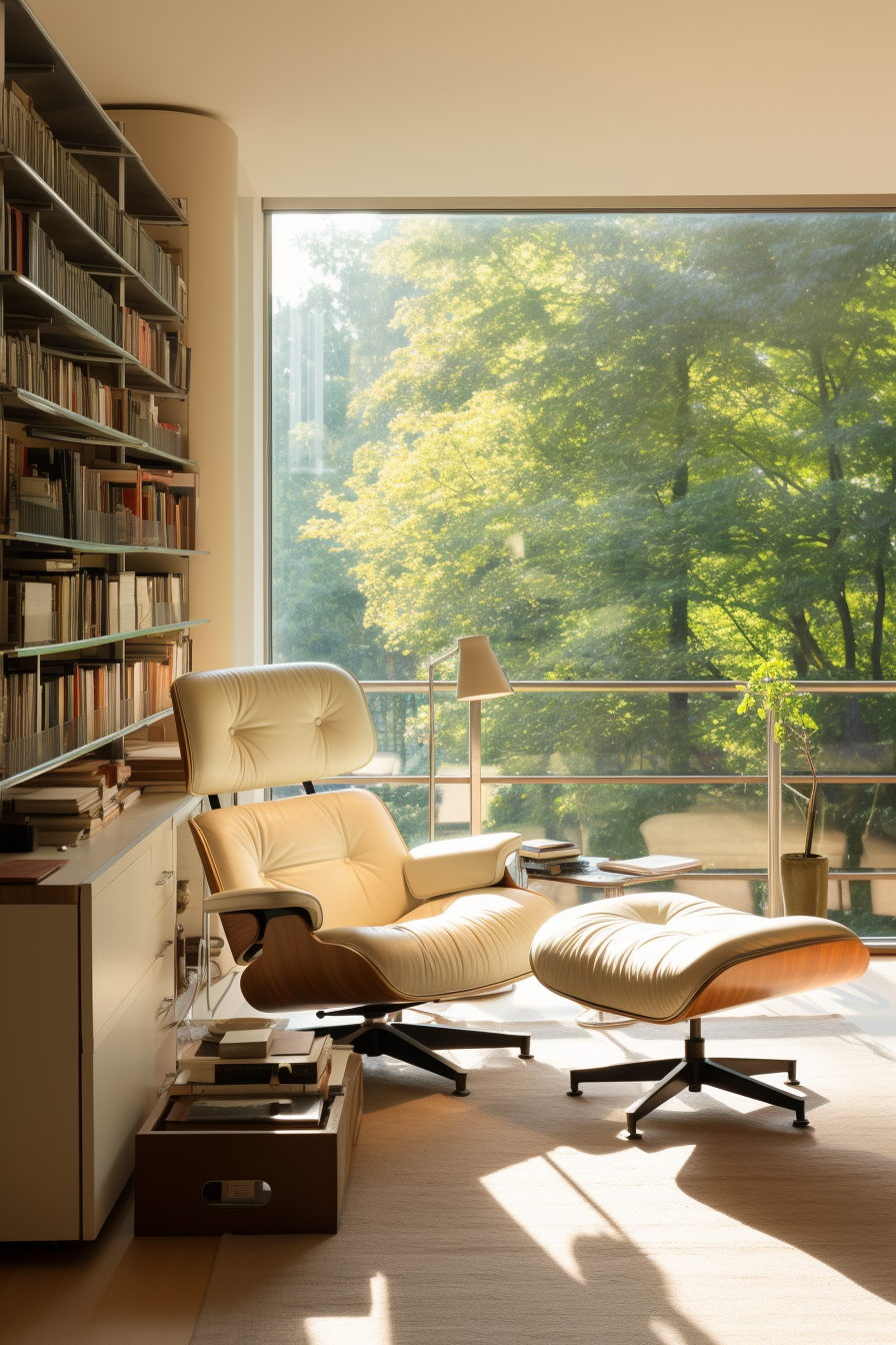 Cozy reading nook with a beige leather chair, a floor lamp, bookshelves, and a view of green trees outside a large window.