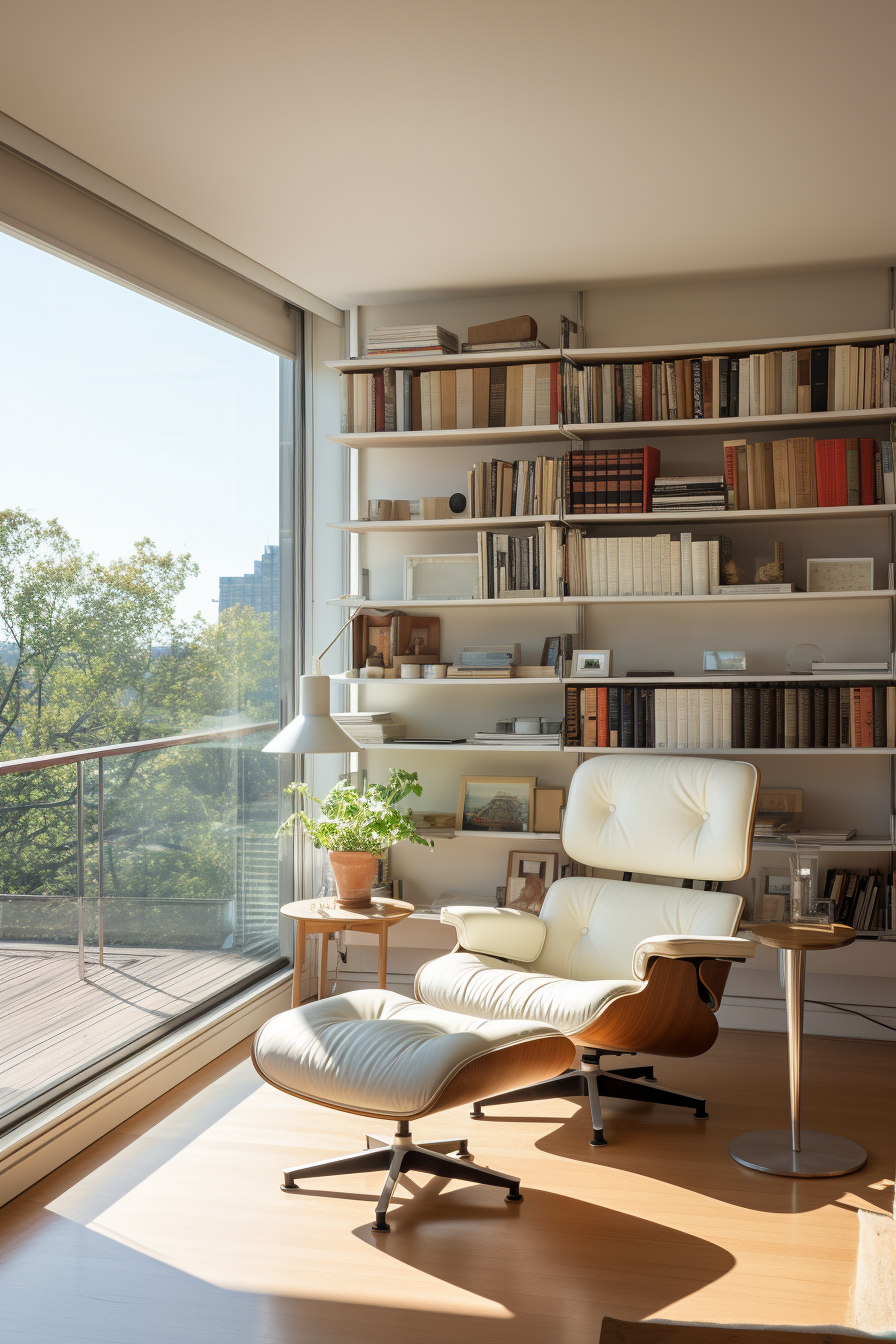 Sunlit modern home office with large bookshelf, iconic white leather chair, floor-to-ceiling window, and balcony view.