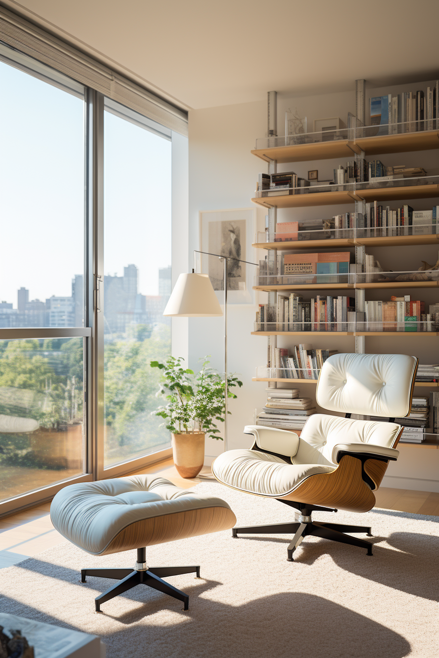 A modern living room corner with a stylish armchair and ottoman, bookshelves, and large window overlooking the city.