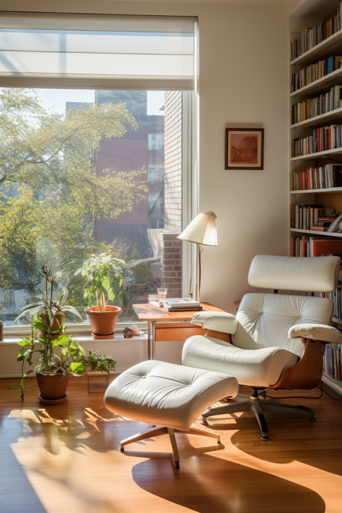 A cozy reading nook with a white armchair, ottoman, potted plants, a lamp, and a bookshelf, with sunlight streaming through a window.