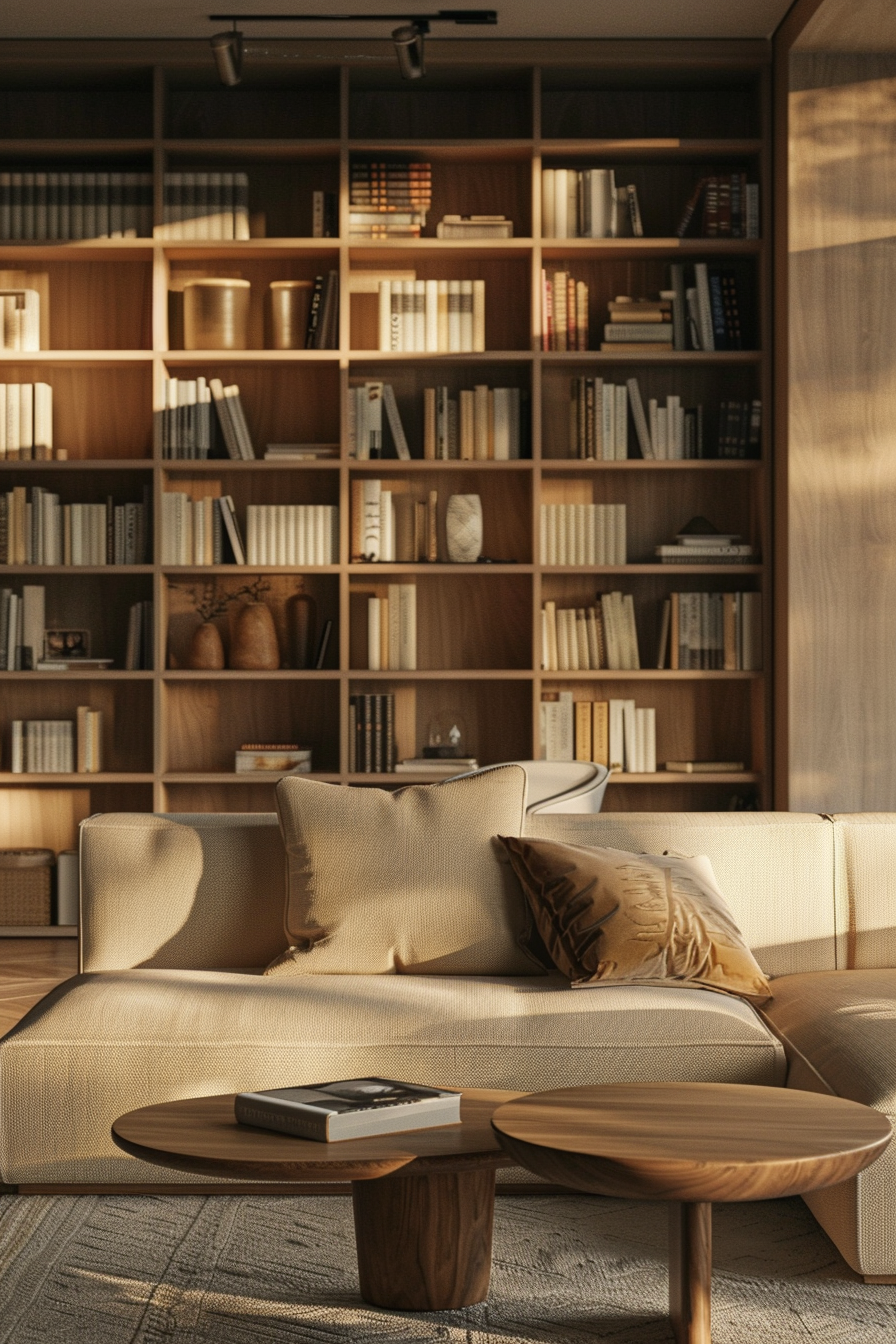 Cozy living room with a beige sofa, wooden coffee table, bookshelves, and warm lighting.