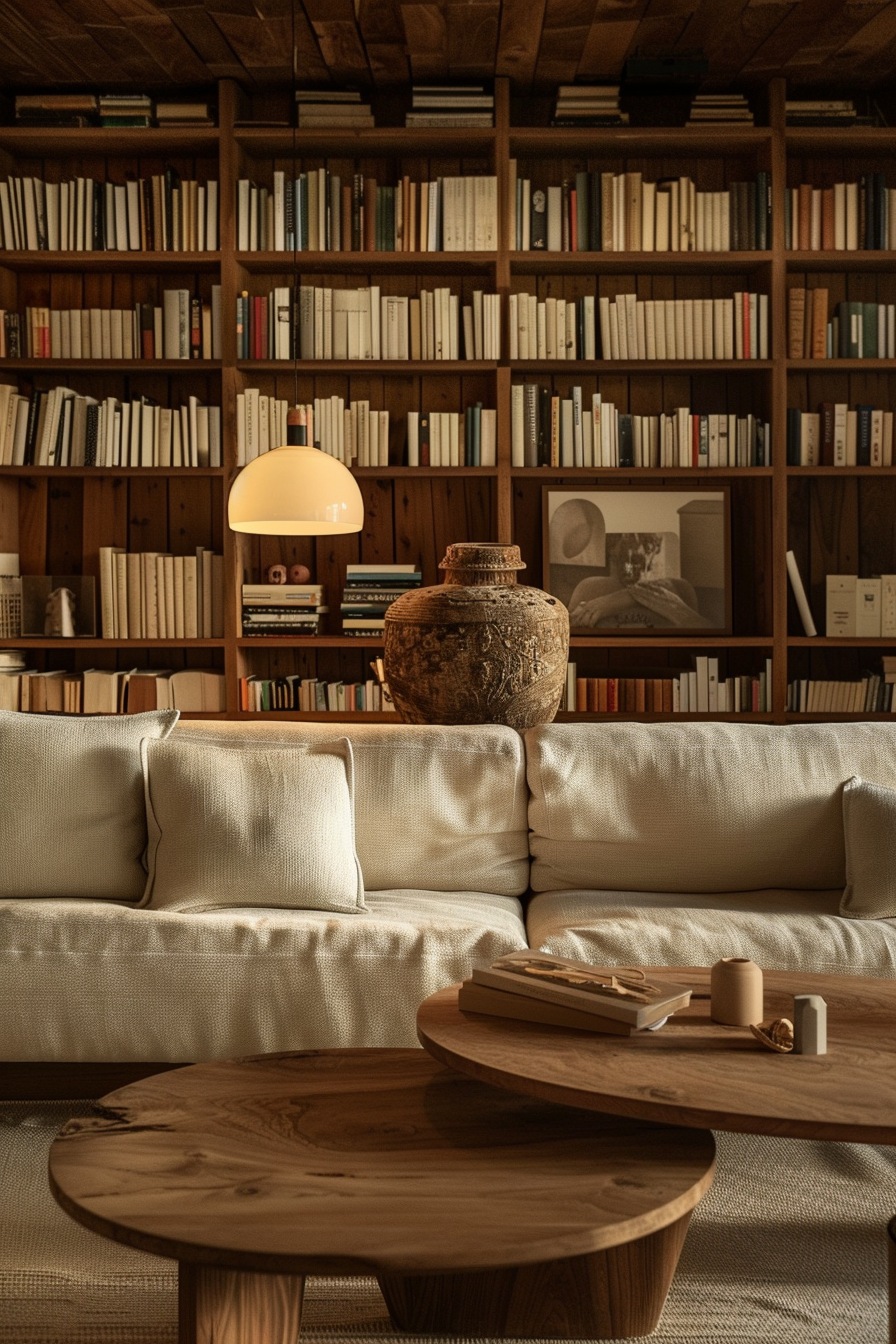 Cozy living room with a beige sofa, round wooden tables, an antique vase, lamp, and a large bookshelf filled with books.