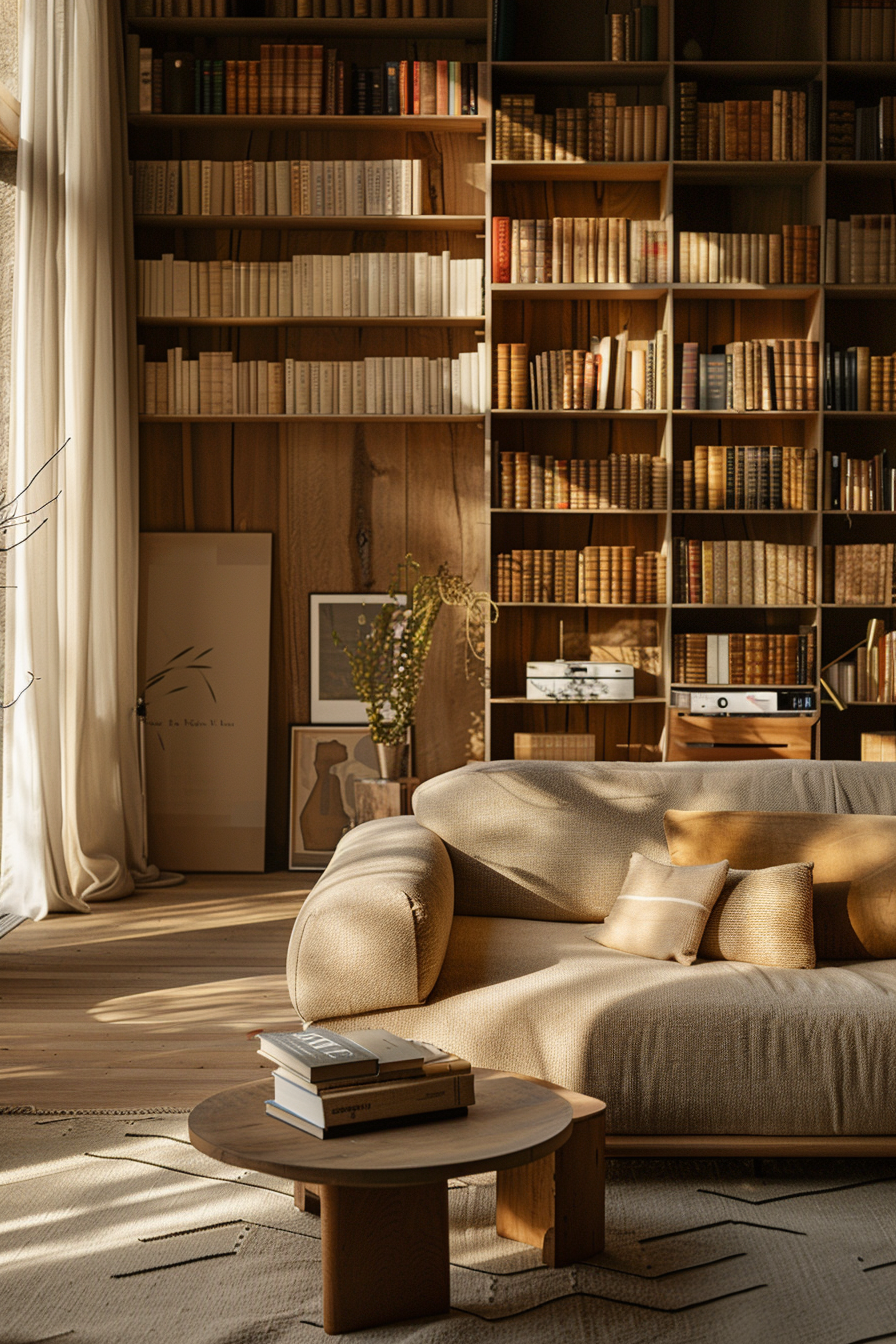 Cozy reading nook with a plush sofa, wooden bookshelves filled with books, a small coffee table, and warm sunlight filtering in.