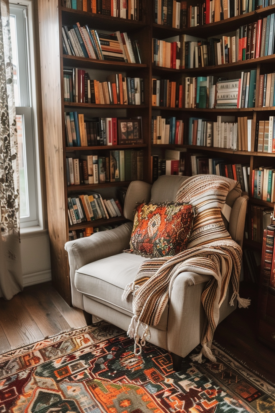 Cozy reading nook with a comfy armchair, decorative pillow, warm throw blanket, and floor-to-ceiling bookshelves filled with books.