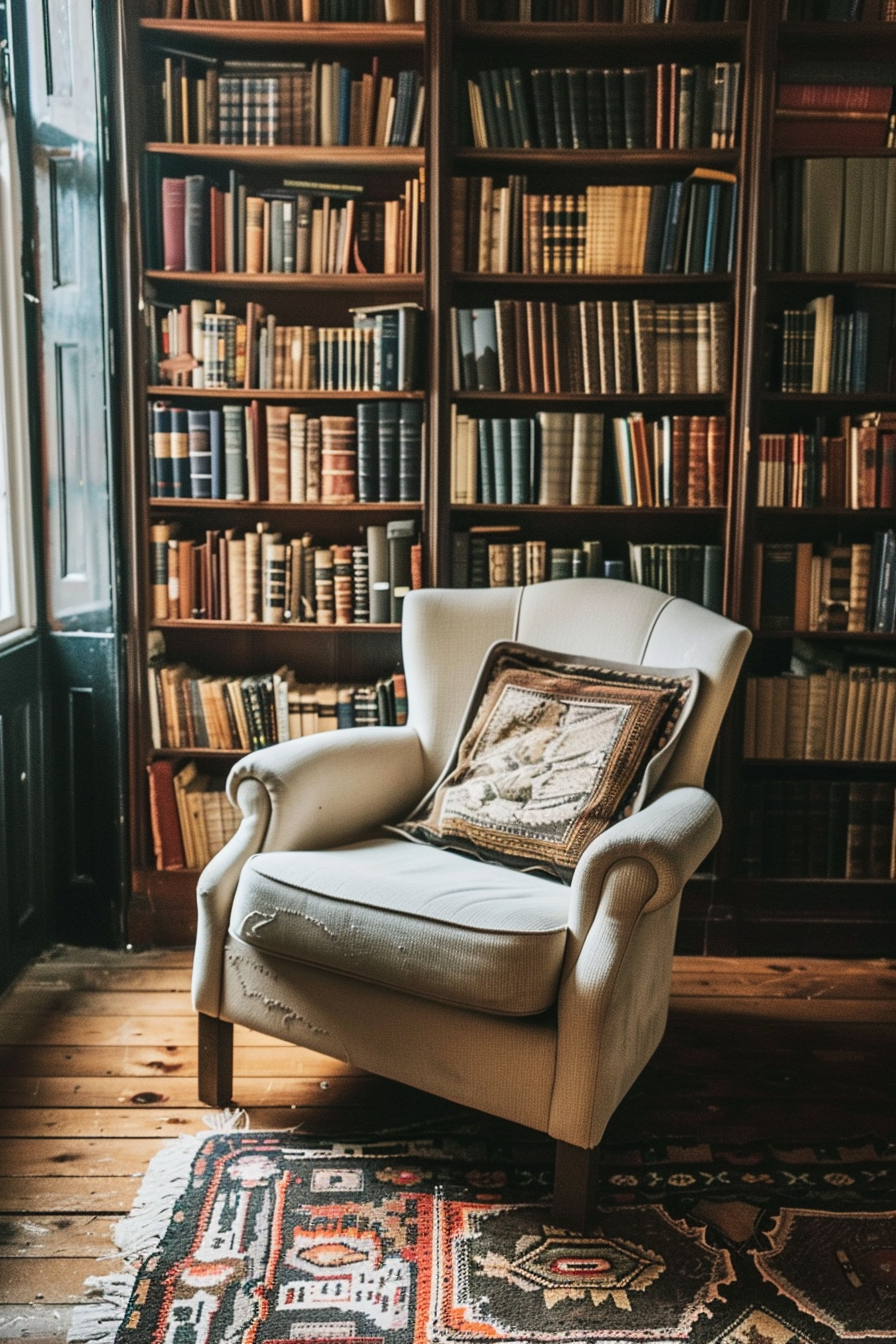 A cozy armchair with a cushion sitting in front of a bookshelf full of books, placed on an ornate rug, suggesting a comfortable reading nook.