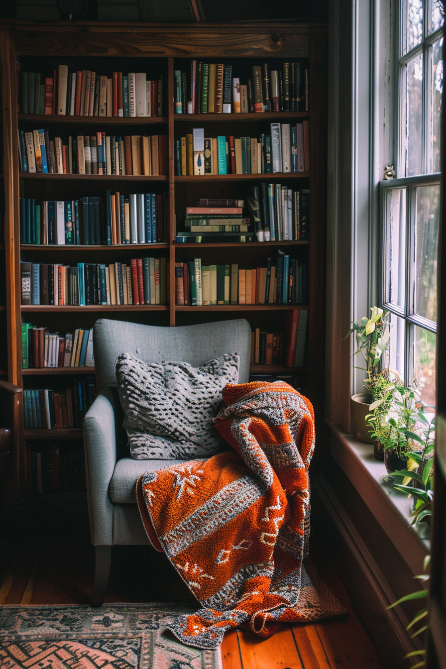 Cozy reading nook with armchair, knitted blanket, bookshelves filled with books, beside a window with a plant.