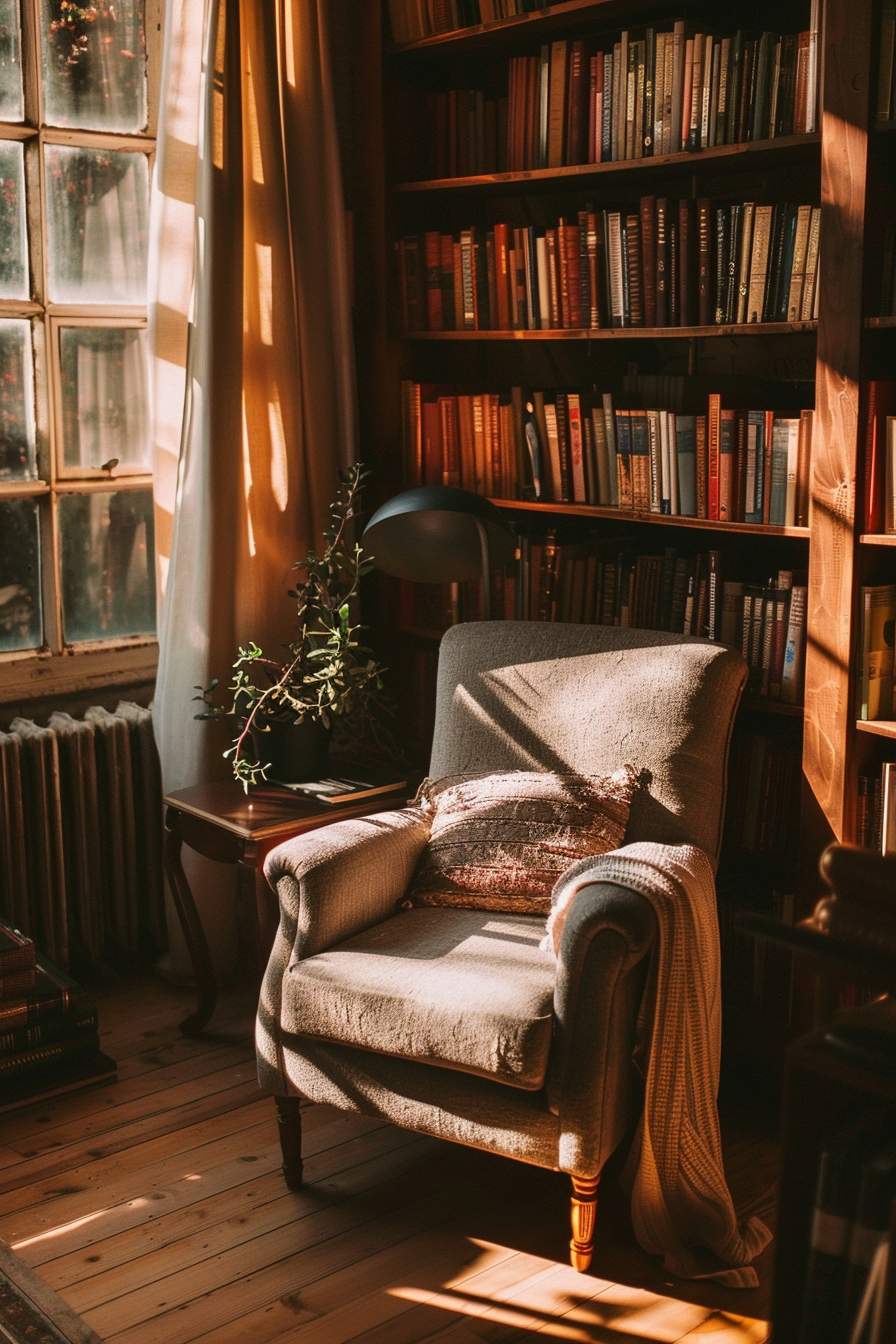 Cozy reading nook with an armchair, throw blanket, and bookshelf bathed in warm sunlight beside a window.