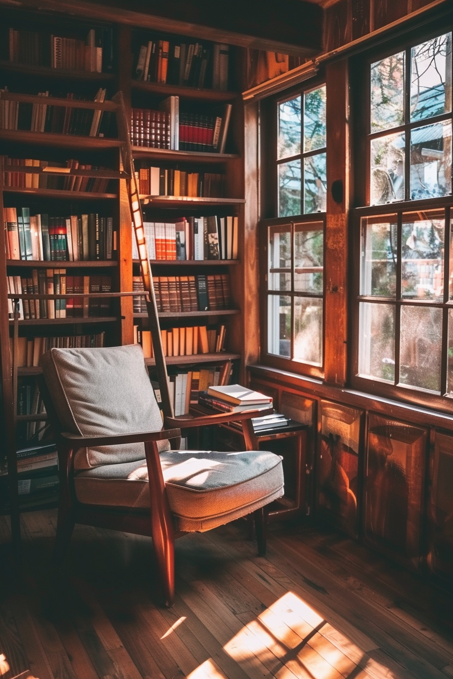 Cozy reading nook with a comfortable chair, bookshelf ladder, sunlight streaming through large windows, and books on wooden shelves.
