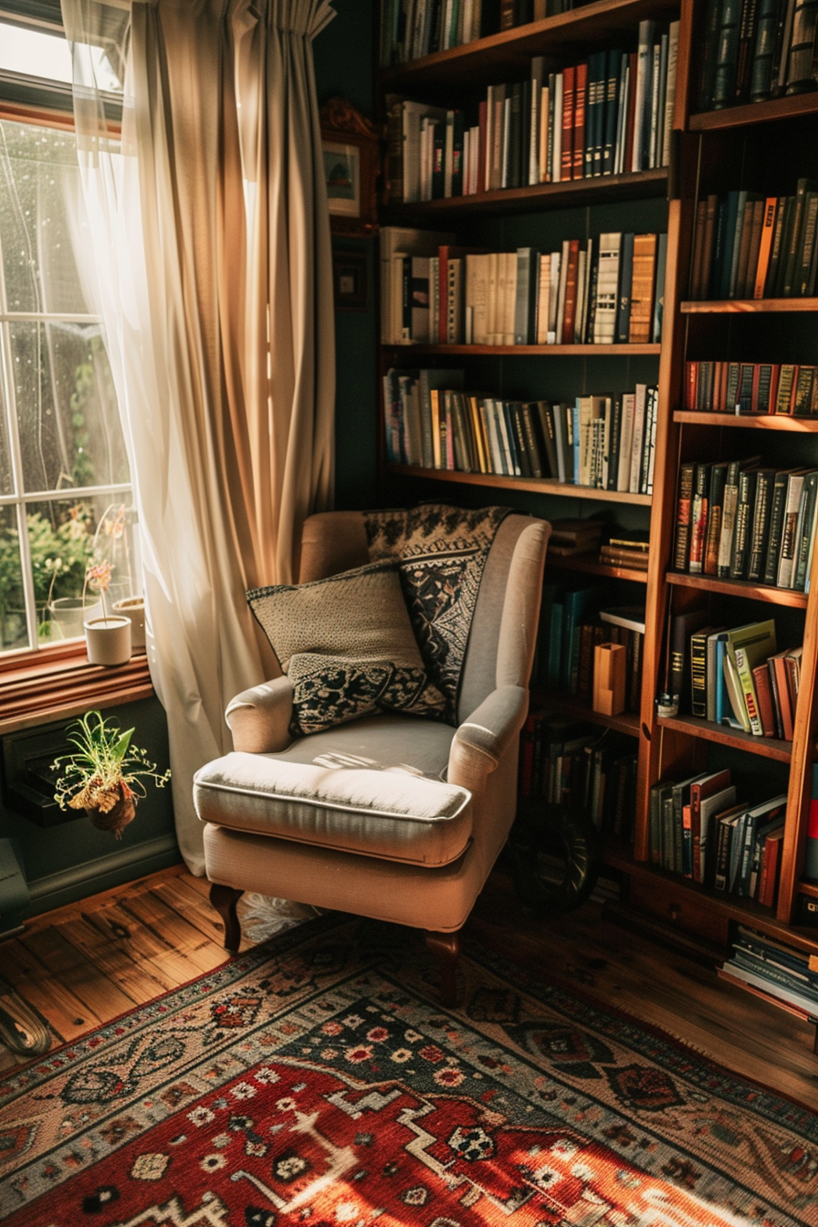 A cozy reading nook with a comfortable chair, sunlit window, flowing curtains, and shelves of books.