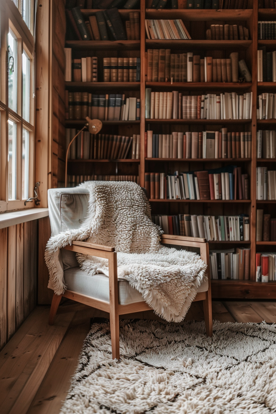 Cozy reading nook with a wooden armchair, fluffy throw, and tall bookshelves filled with books in a warmly lit room.