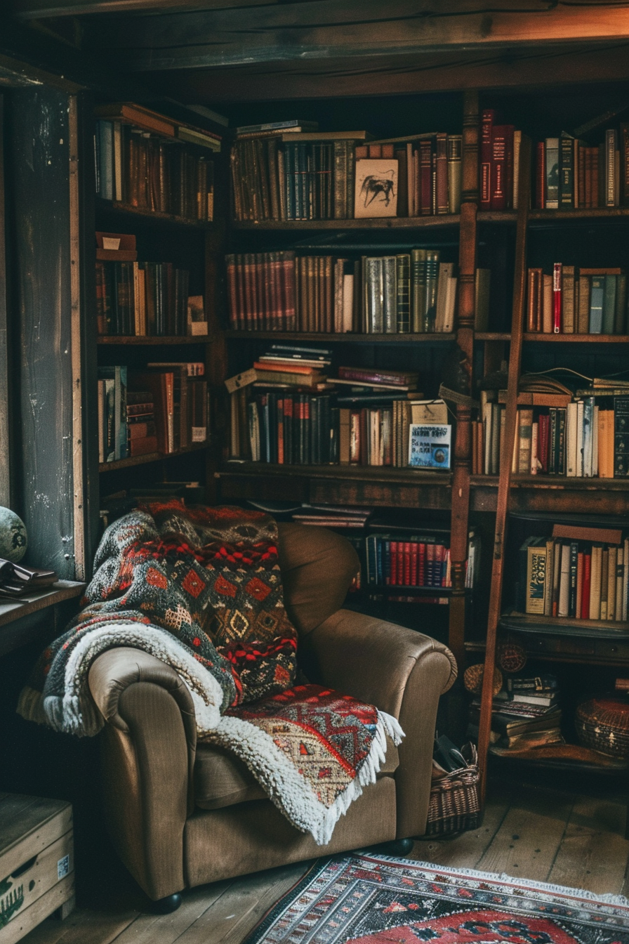 Cozy reading nook with a leather armchair and patterned blanket, surrounded by bookshelves filled with books.
