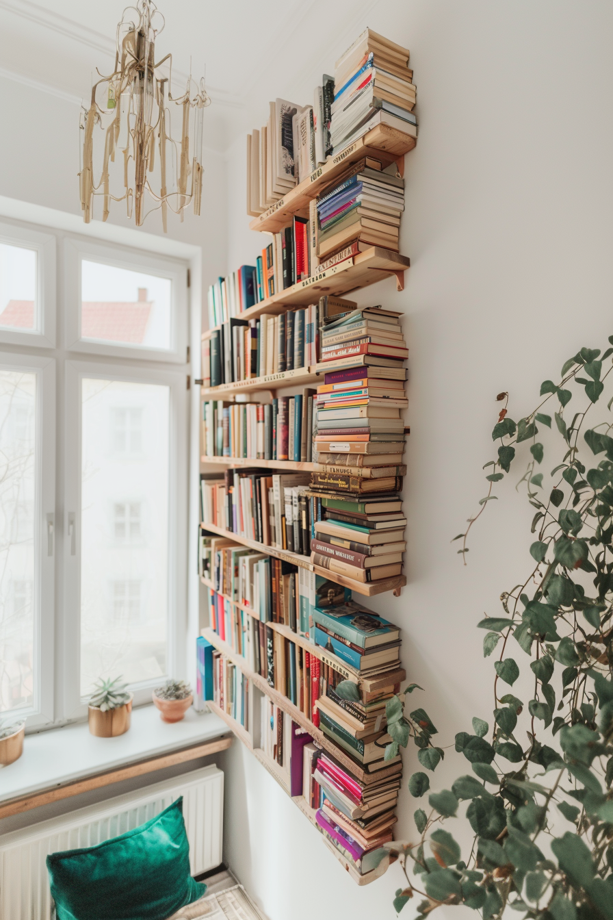 A cozy corner with a floor-to-ceiling corner bookshelf filled with books, a window, indoor plants, and a comfortable pillow.