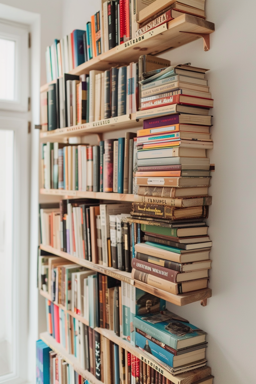 A wall-mounted bookshelf filled with an array of books, some stacked vertically and others horizontally, in a cozy room setting.