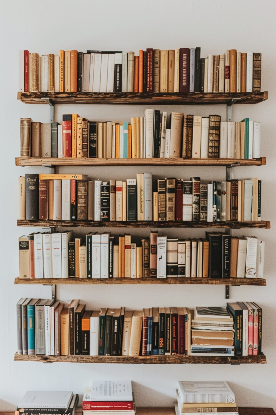 A neatly organized collection of books on wooden shelves against a white wall.
