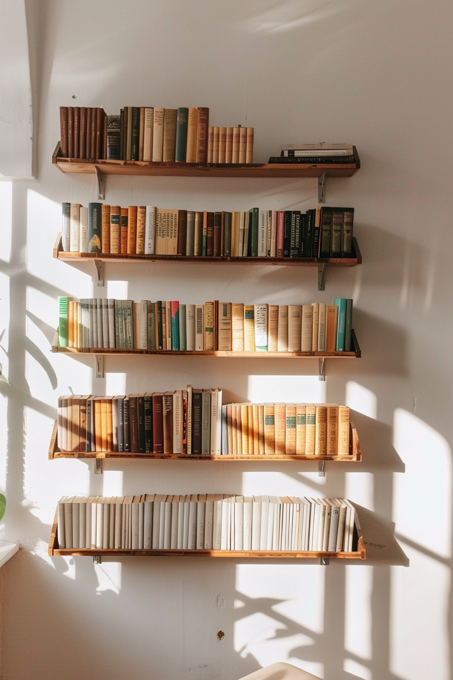Sunlight casting shadows on a wall with four wooden shelves filled with assortments of books.