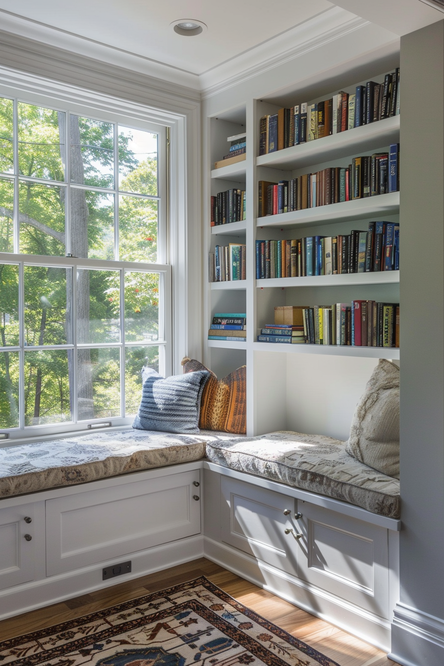 Cozy reading nook with a window seat, cushions, and a built-in bookshelf filled with books, under natural light.
