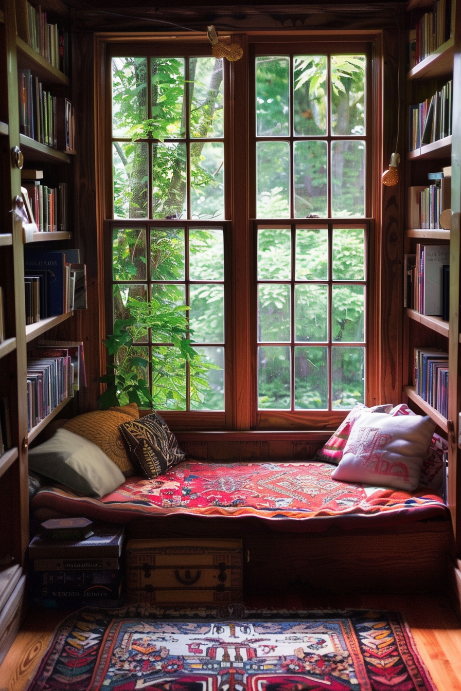 Cozy reading nook with cushioned window seat, surrounded by bookshelves, overlooking lush greenery.