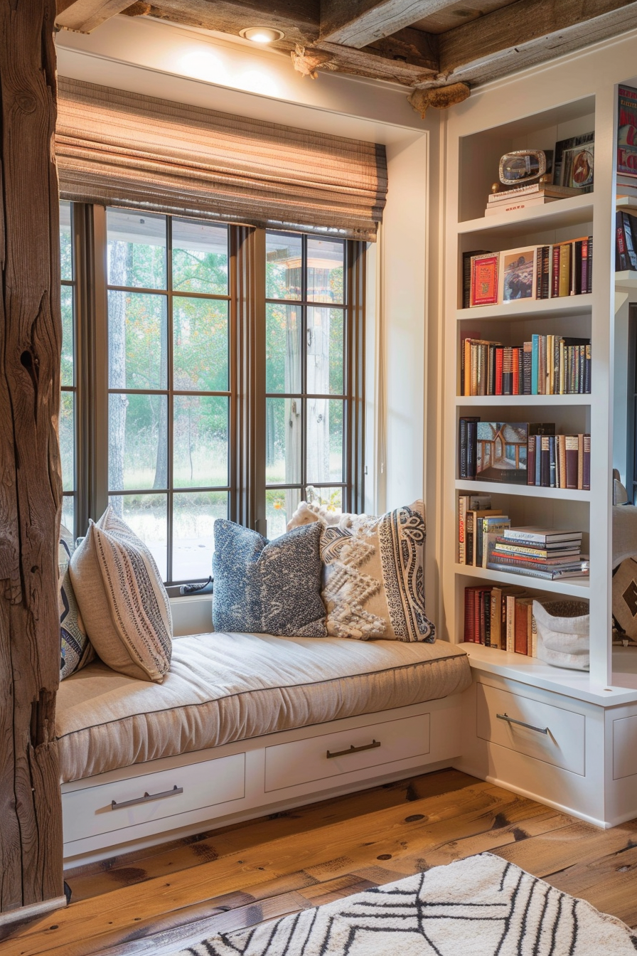 Cozy reading nook with cushioned window seat, patterned pillows, bookshelves, and a warm wood floor, illuminated by natural light.