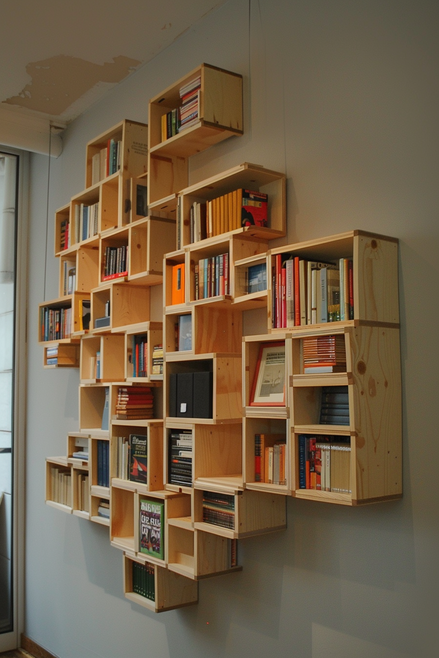 Wall-mounted wooden bookshelf with various books, arranged asymmetrically in a modern design.