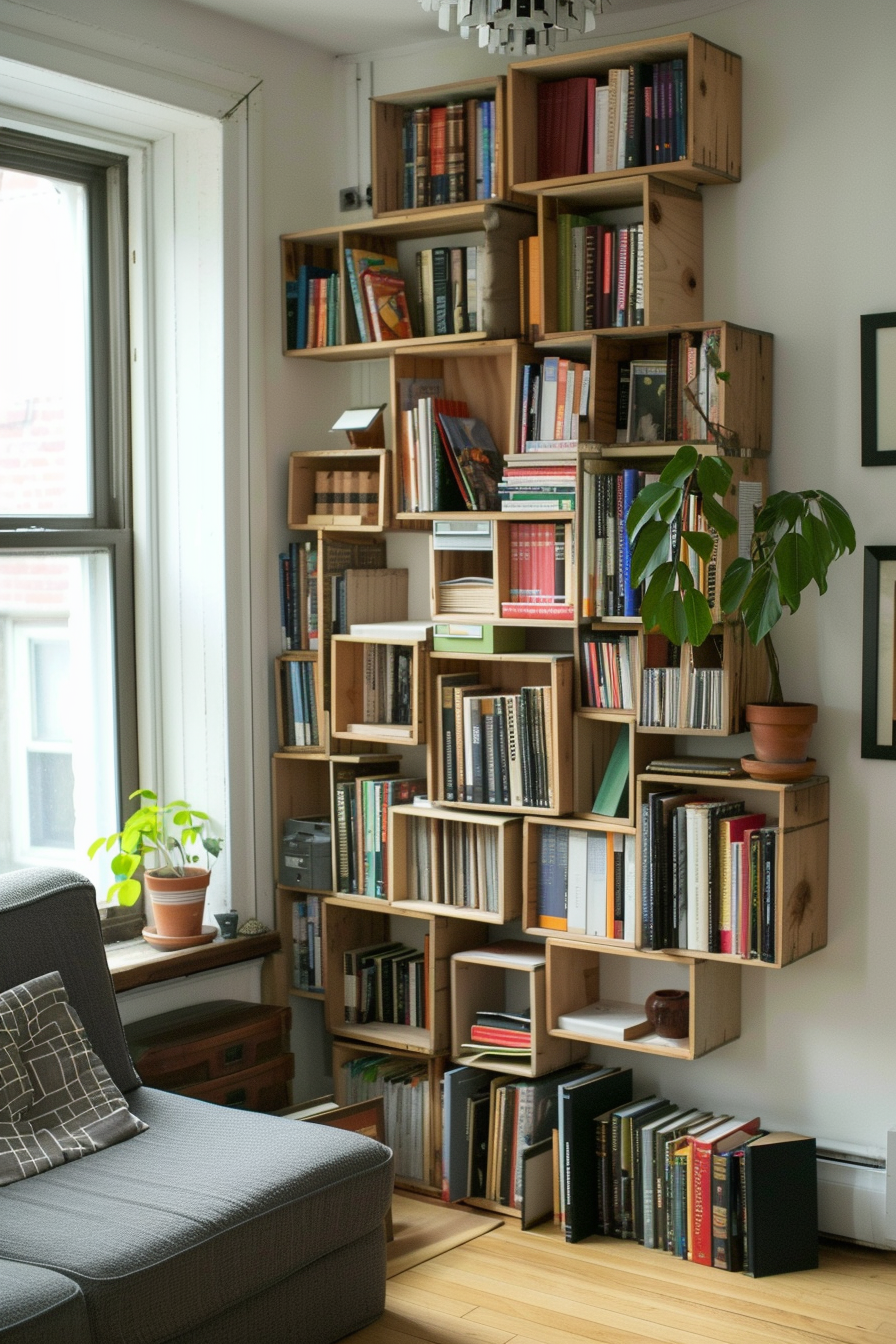 Cozy reading corner with a grey armchair and a creative wall-mounted bookshelf filled with various books, framed by a window and indoor plants.