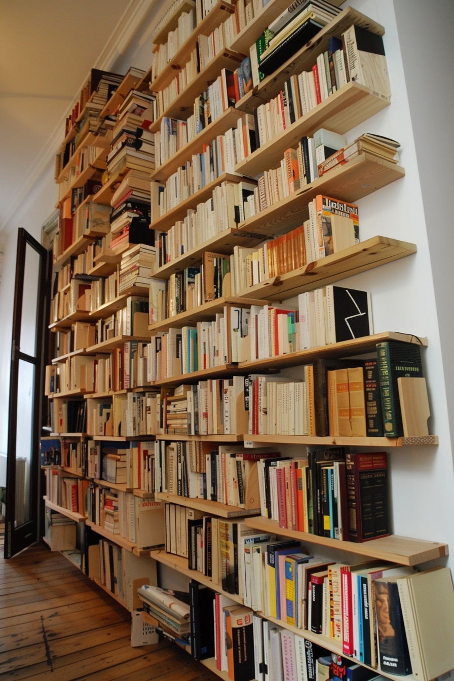 A tall bookshelf filled with various books stretching from floor to near ceiling against a white wall in a room with wooden floors.
