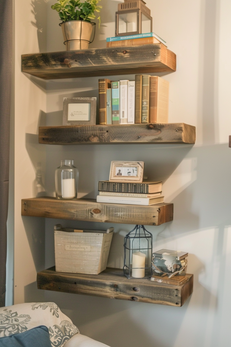 Cozy home interior with rustic wooden floating shelves adorned with books, plant, and decorative items.