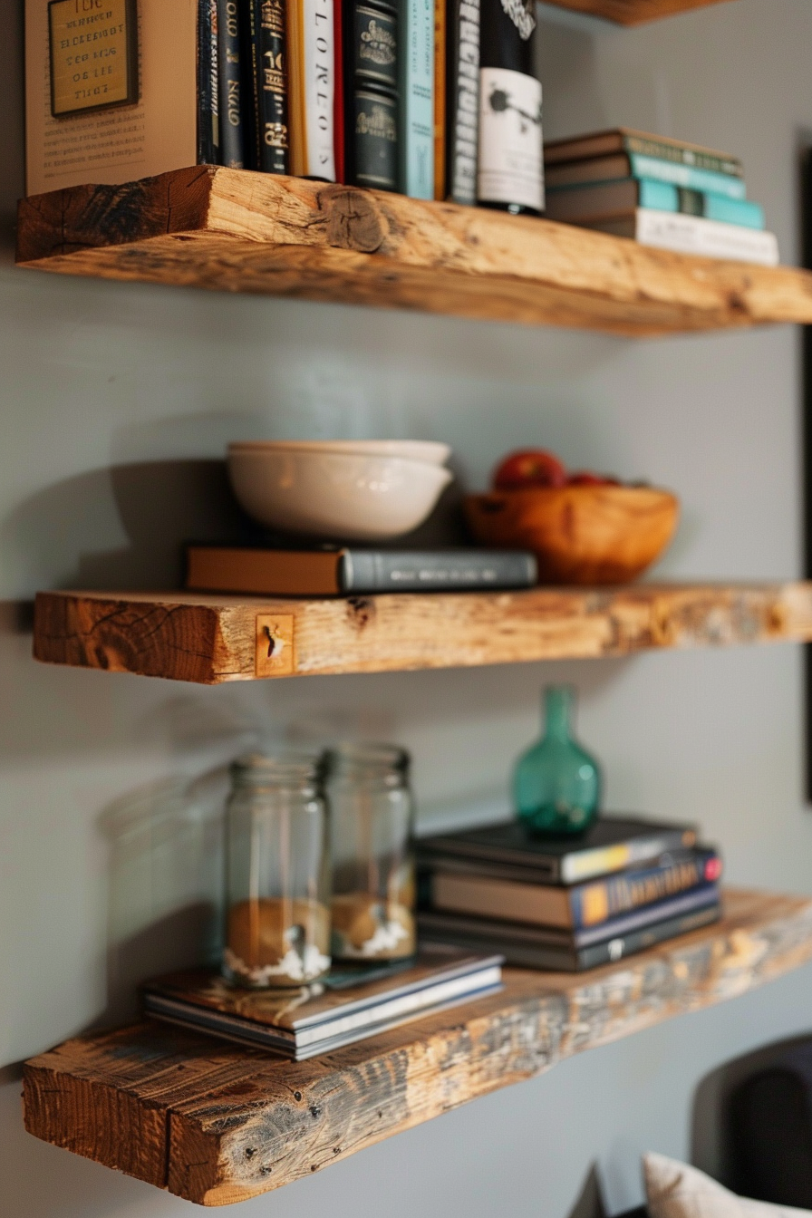 Rustic wooden shelves holding a variety of items including books, bowls, a glass jar, and decorative objects against a grey wall.