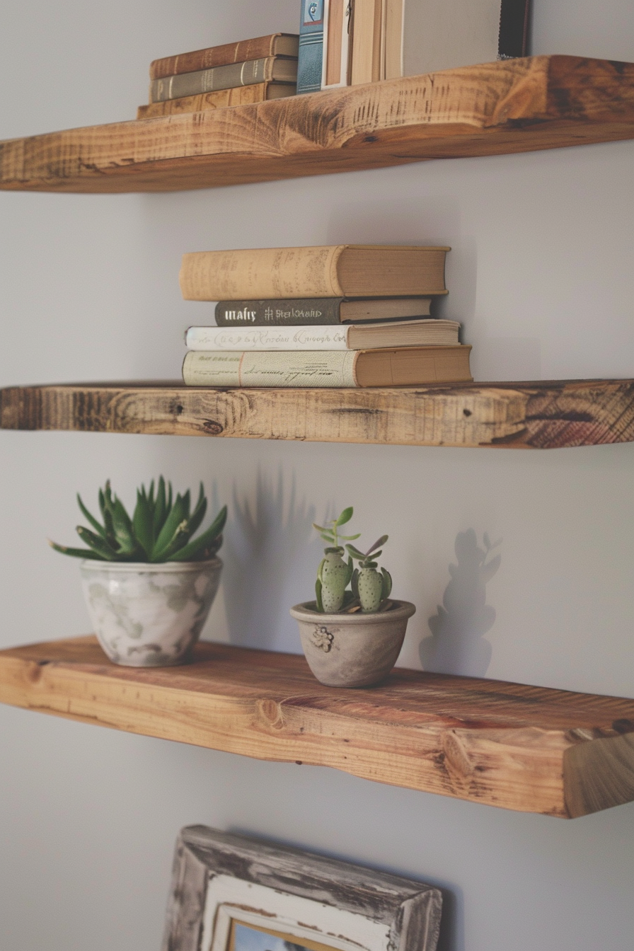 Three wooden shelves on a wall with books and succulent plants, and a picture frame on the bottom shelf.
