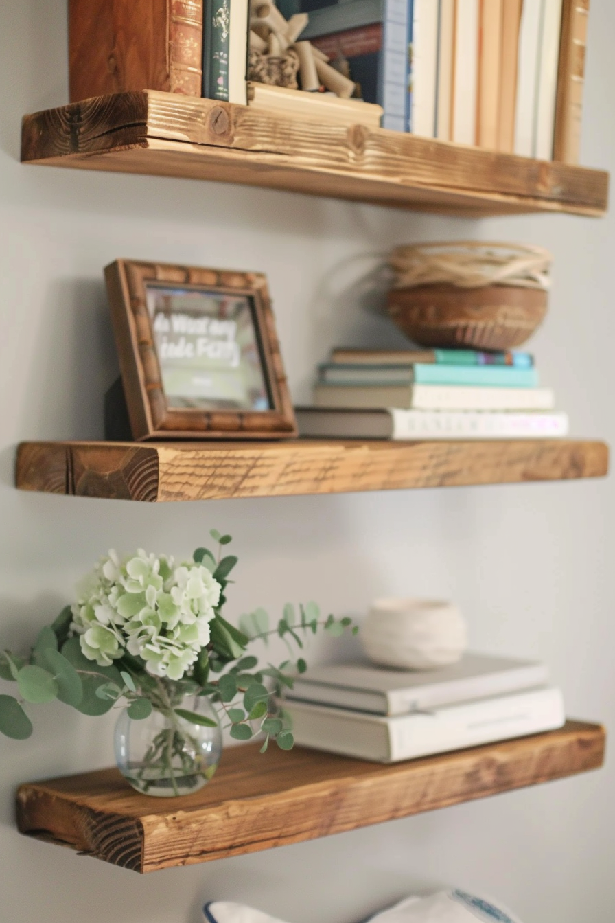 Rustic wooden shelves on a wall with books, a framed photo, a woven basket, and a vase with white flowers.