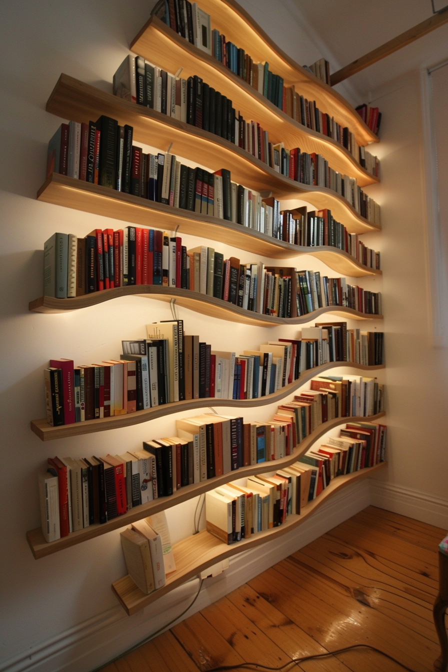 A collection of books neatly arranged on unique wavy wooden shelves mounted on a wall, with warm lighting overhead.