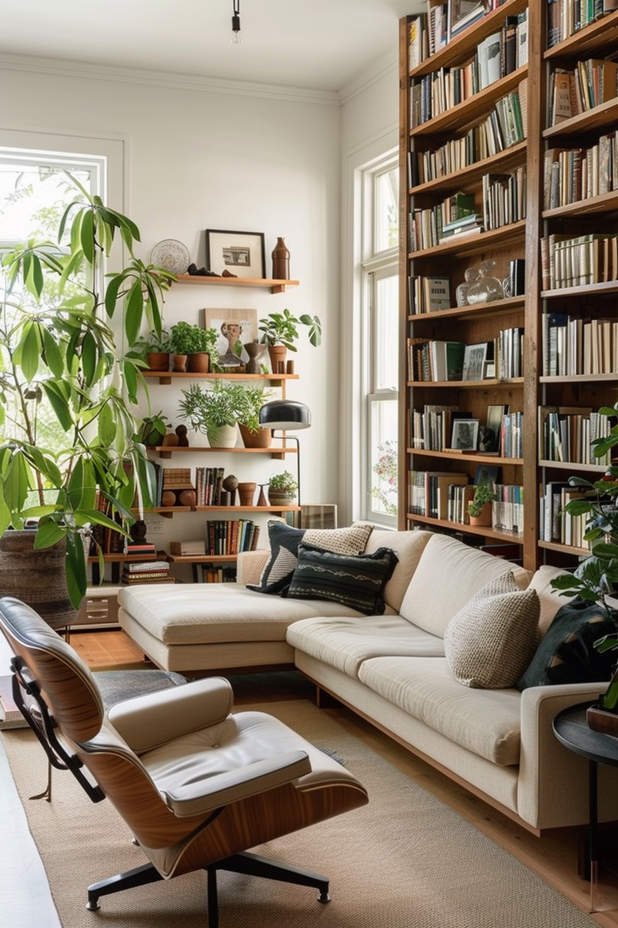 Cozy reading nook with a beige sofa, wooden bookshelves filled with books and plants, and a classic leather lounge chair.
