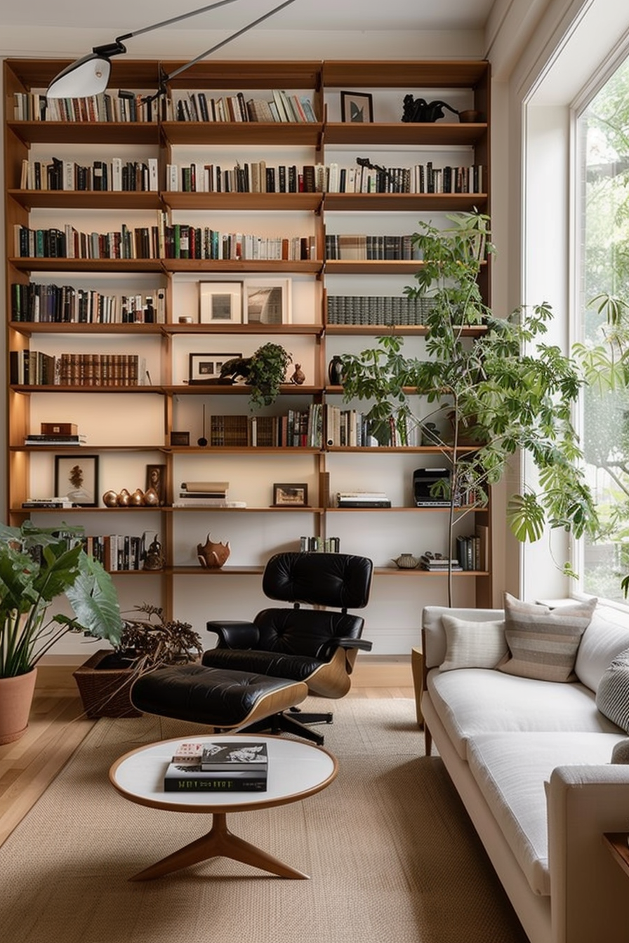 Cozy living room with a full wall bookshelf, mid-century modern furniture, and indoor plants by large window.