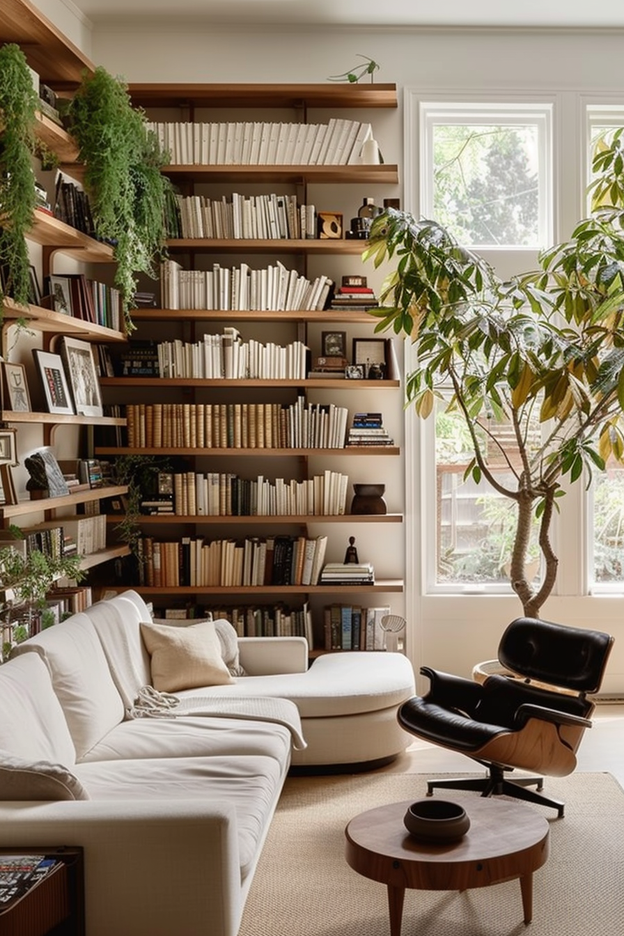 A cozy living room with a large bookshelf full of books, comfortable seating, and indoor plants near a window.