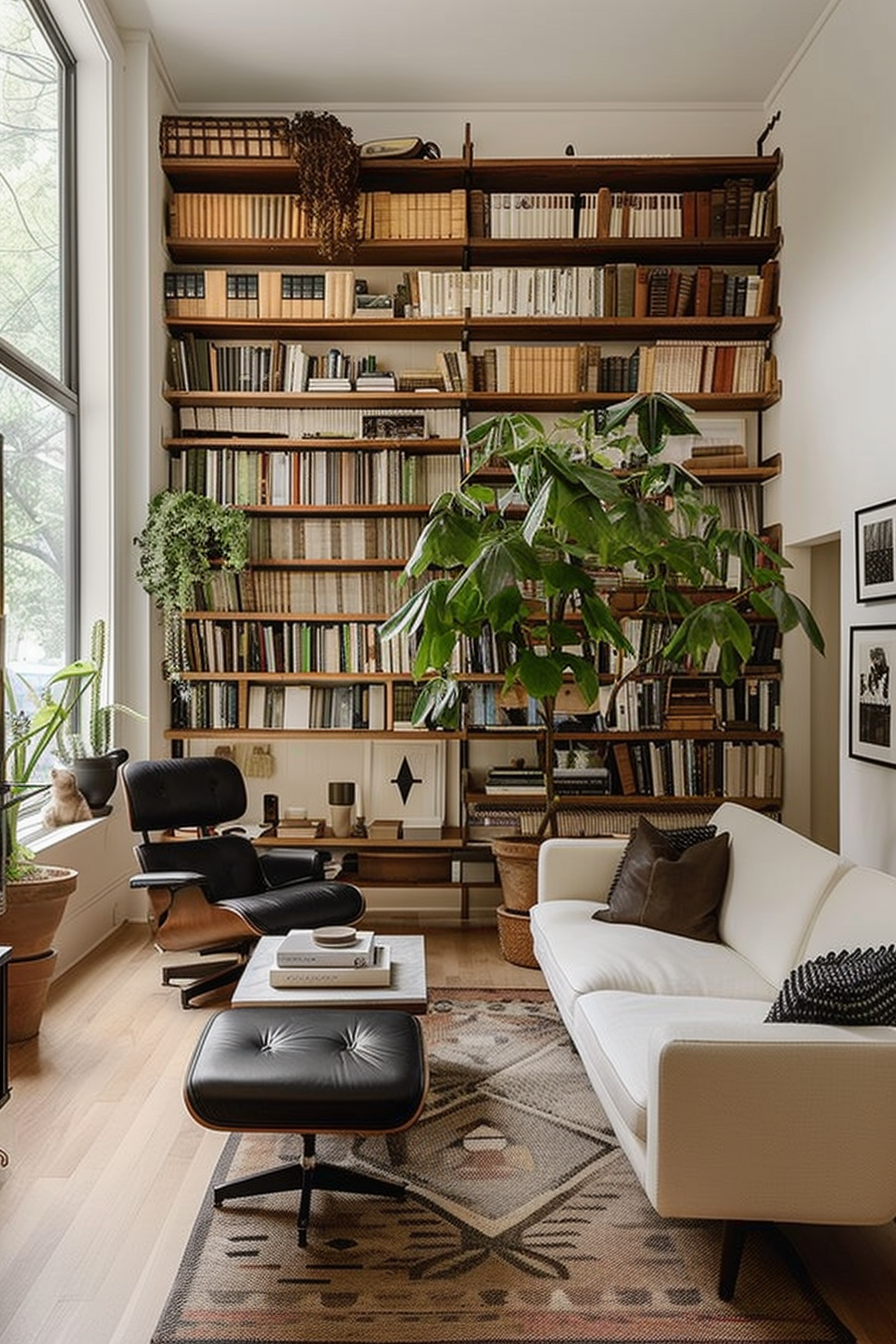 Cozy reading nook with a wall-to-wall bookshelf filled with books, a comfy white sofa, a classic black armchair, and indoor plants.