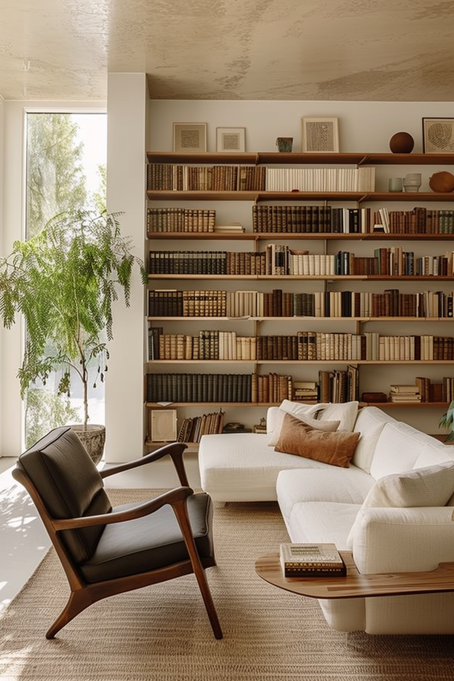 Cozy living room interior with large bookshelf, comfortable white couch, mid-century armchair, and green houseplant by the window.