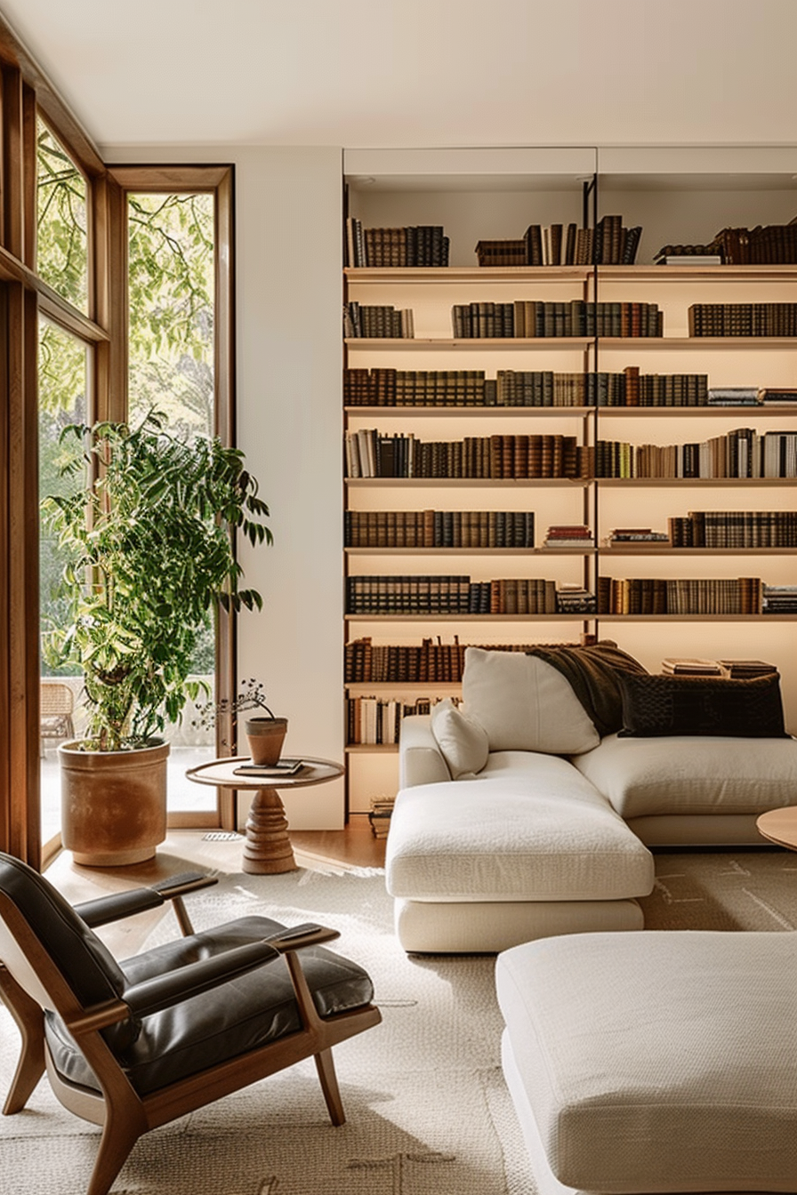 Modern cozy living room with large bookshelf, comfortable furniture, potted plants, and natural light from window.