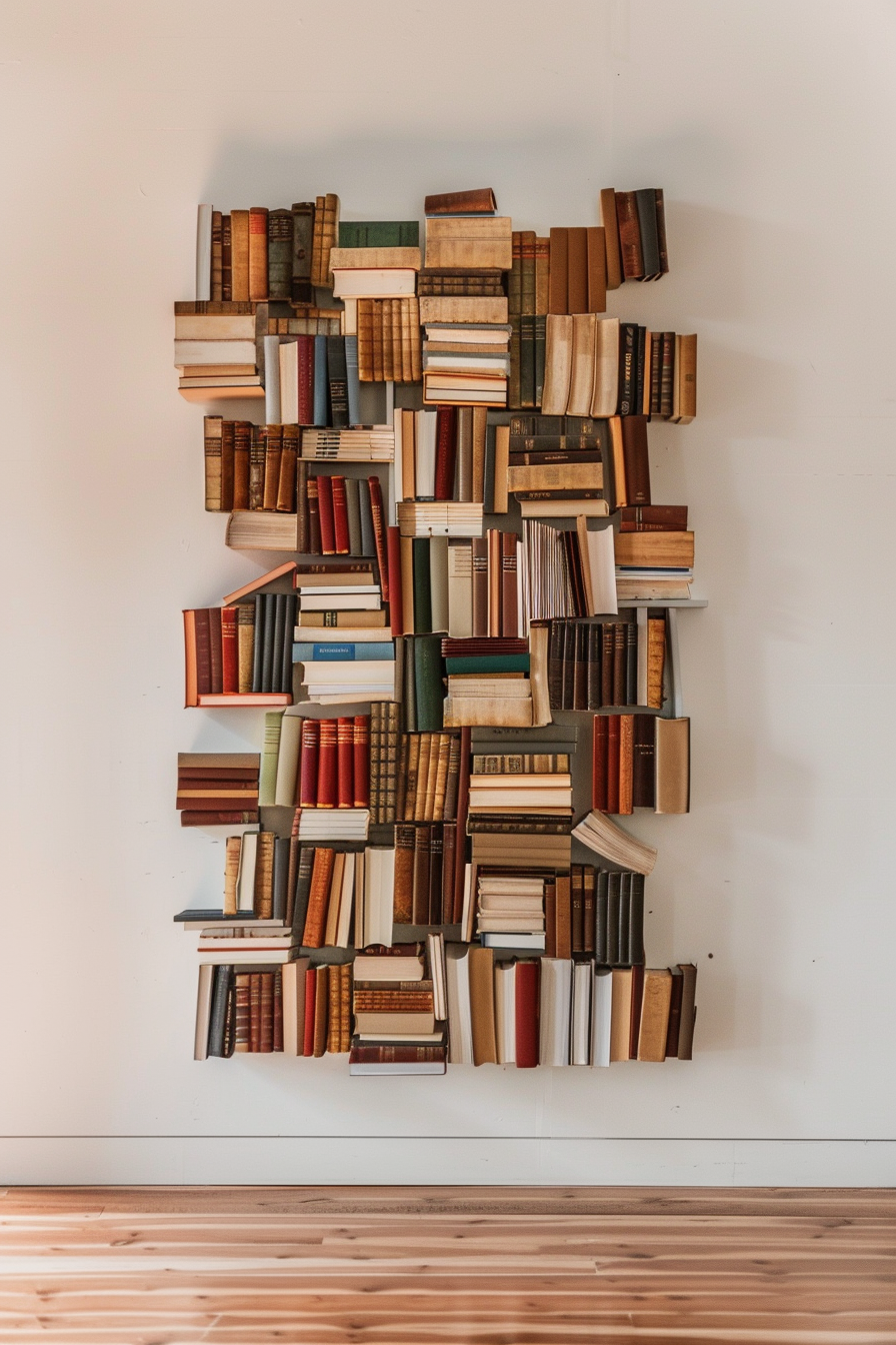 ALT: A creative wall-mounted bookshelf arrangement with books organized in various orientations to form a tree-like structure.