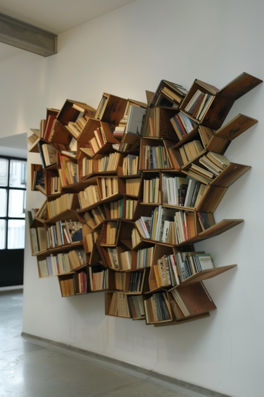 ALT text: An artistic array of wooden bookshelves affixed to a wall in a disorganized pattern filled with various books, creating a modern bookcase art installation.
