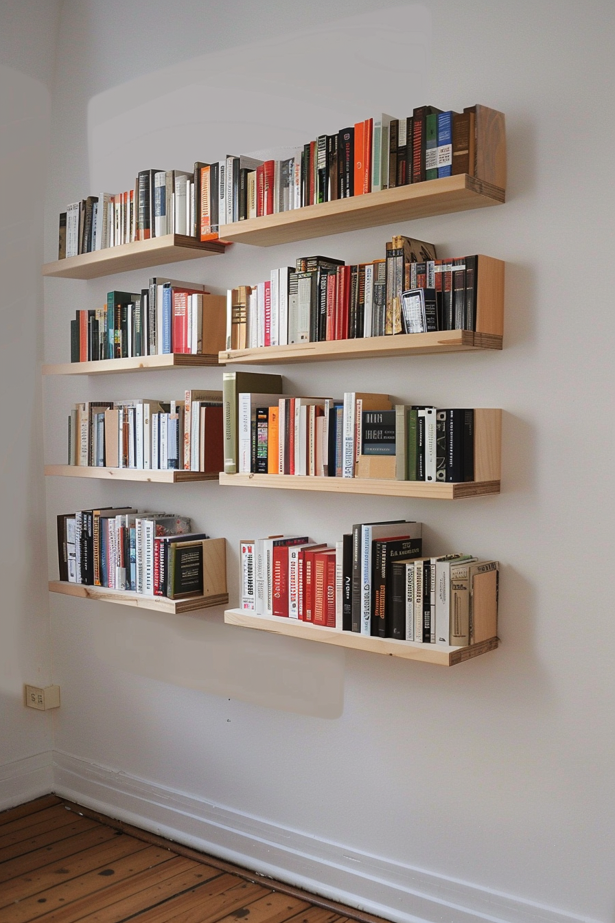 A wall with five wooden shelves filled with a variety of books arranged neatly in a room with wooden flooring.