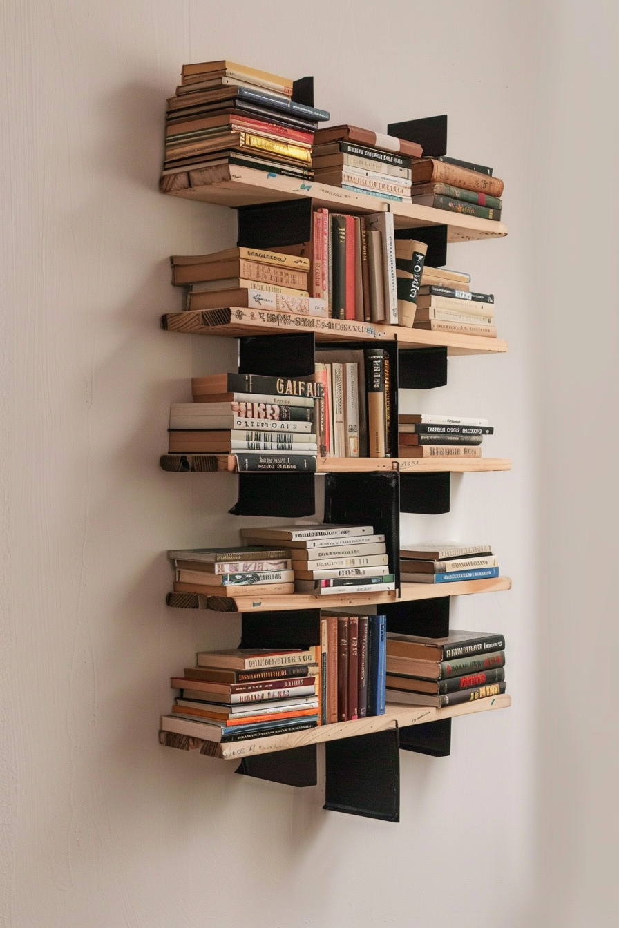 A wall-mounted bookshelf with a collection of assorted books neatly stacked on multiple levels.