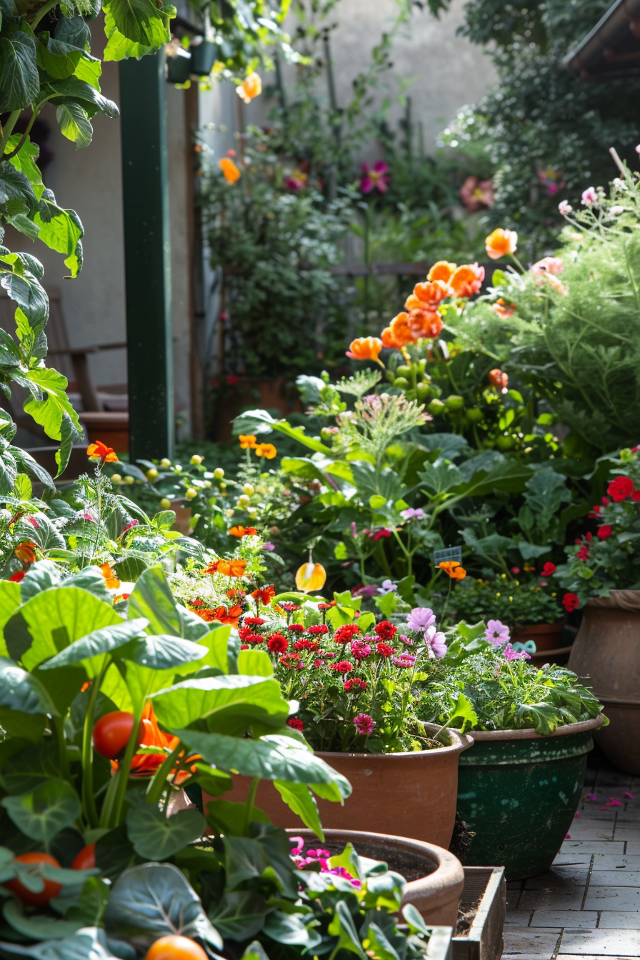 A lush urban garden balcony overflowing with a vibrant assortment of flowers and vegetables in terracotta pots.